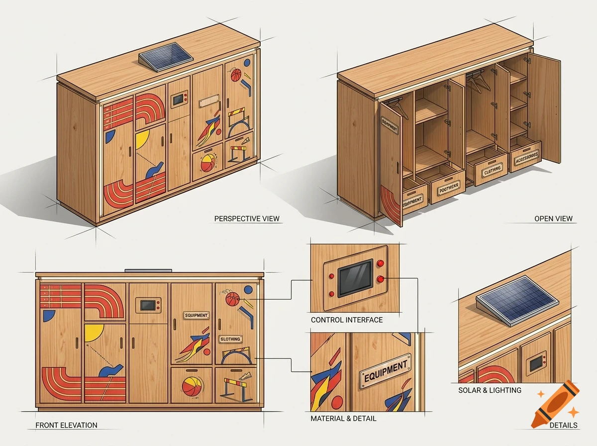An architectural and product design drawing of a wooden cabinet with multiple views, showing perspective, open view, front elevation, control interface, solar panel detail, and material details.