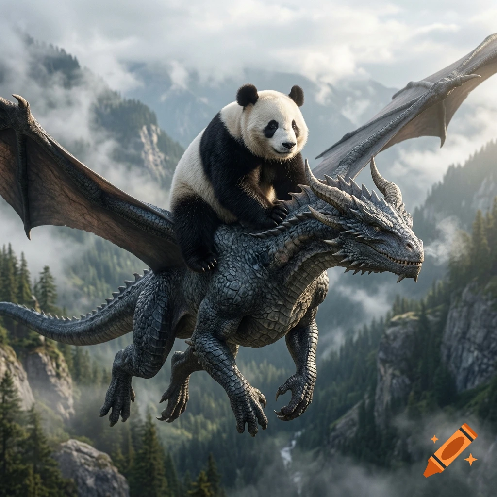 A photorealistic image of a giant panda riding a large grey dragon in flight over a misty mountain valley.