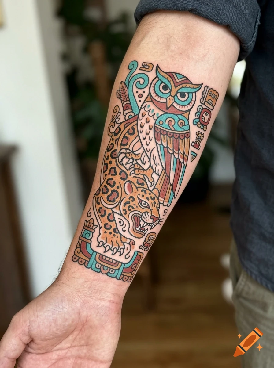 A detailed Mesoamerican-inspired tattoo featuring an owl and a jaguar on a person's forearm.