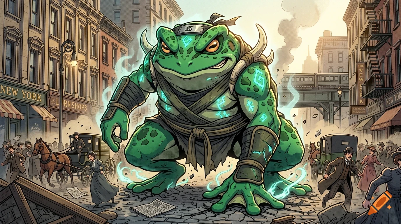 A giant green toad ninja stands in the middle of a crowded city street, causing panic among vintage-dressed citizens.