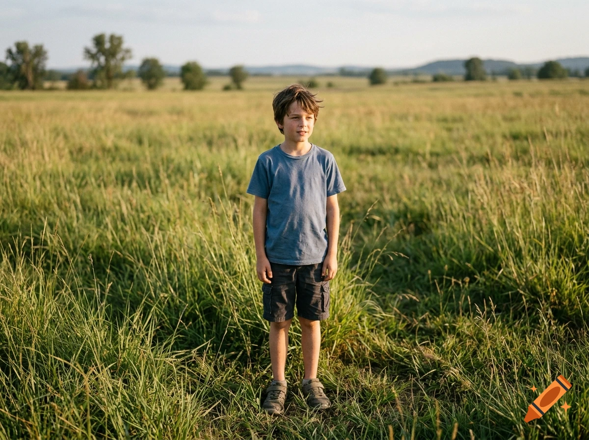 A young boy standing in a grassy field under an overcast sky.