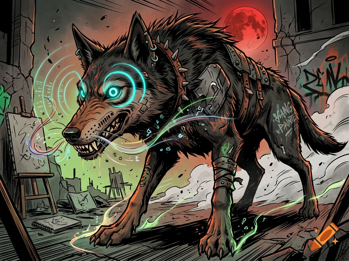 Comic book style illustration of a cybernetic wolf with glowing blue eyes, spiked collar, and glowing energy streams in a ruined city.