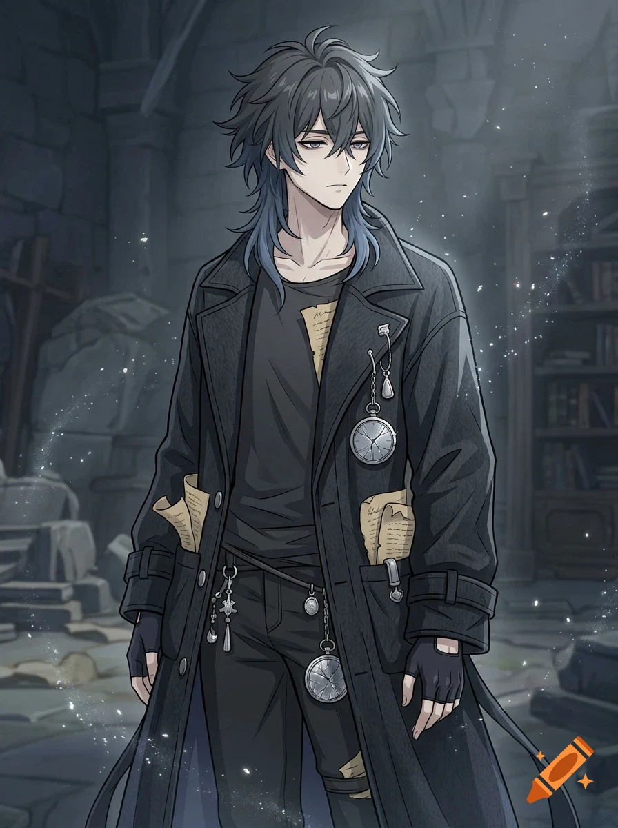An anime-style young man with dark, messy hair stands in a dimly lit room, wearing a long dark coat and holding pocket watches.