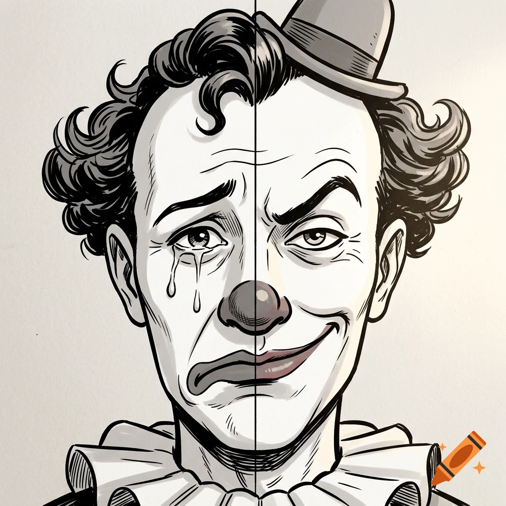 Comic style black and white illustration of a clown face, split down the middle with one side crying and the other smiling.