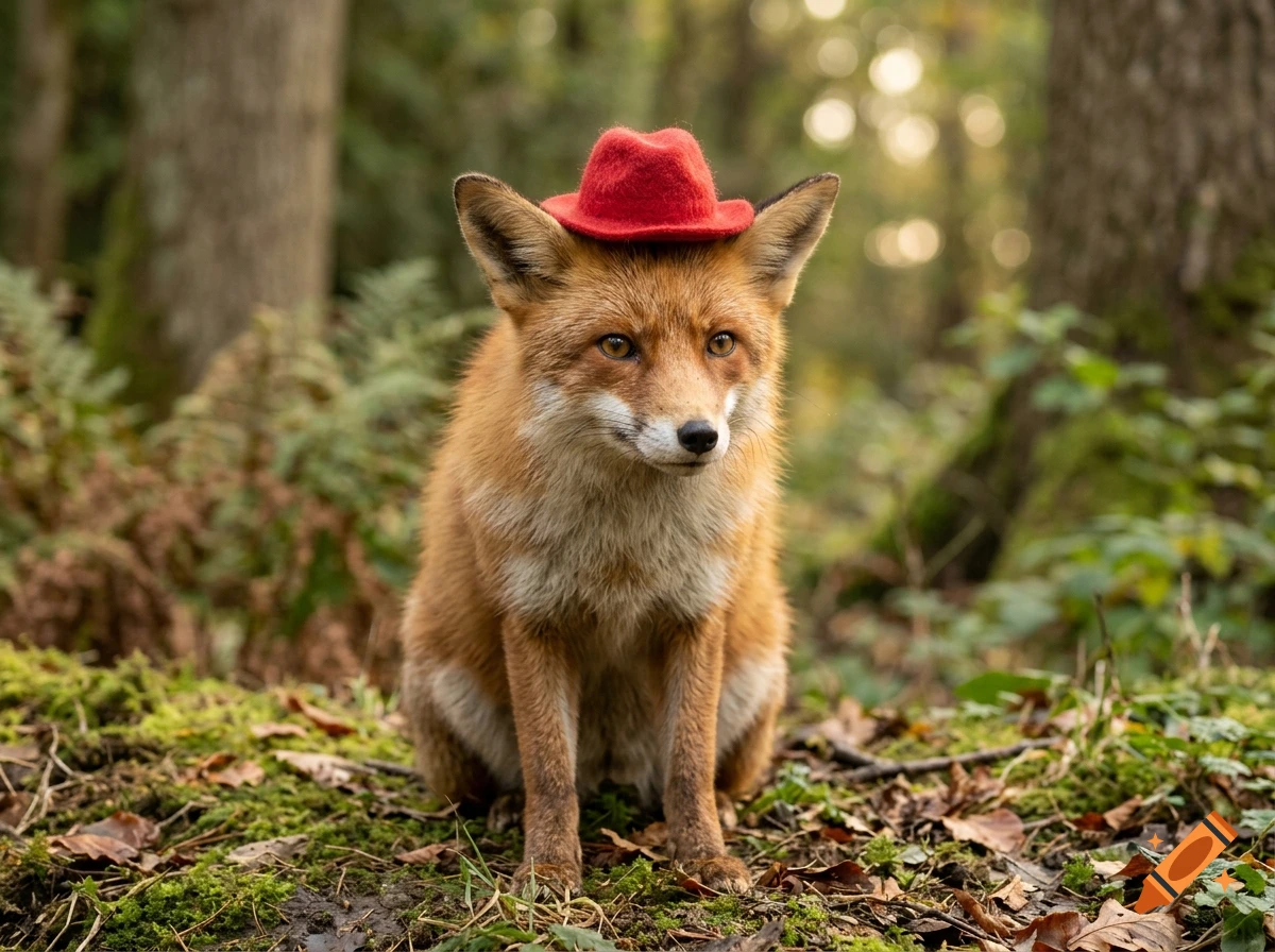 Photorealistic image of a red fox sitting in a forest, wearing a small red hat.