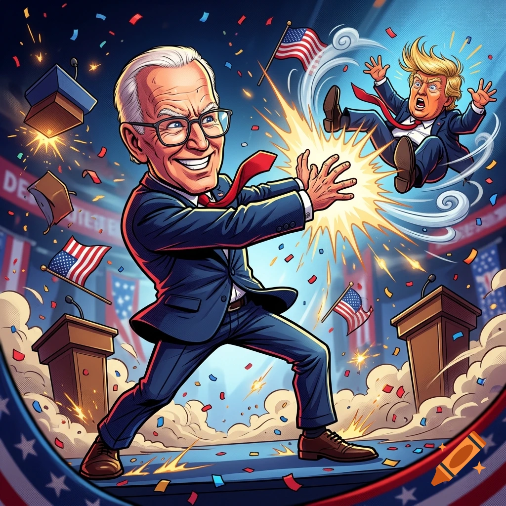 Comic style illustration of a giant Joe Biden blasting Donald Trump backward with energy from his hands.