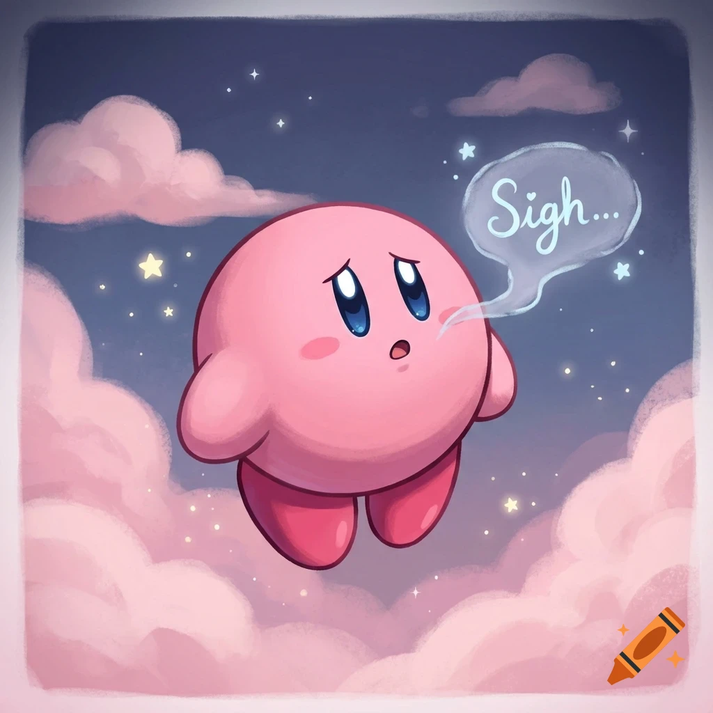 Kirby floating in a starry sky among pink clouds, letting out a sigh with speech bubble.