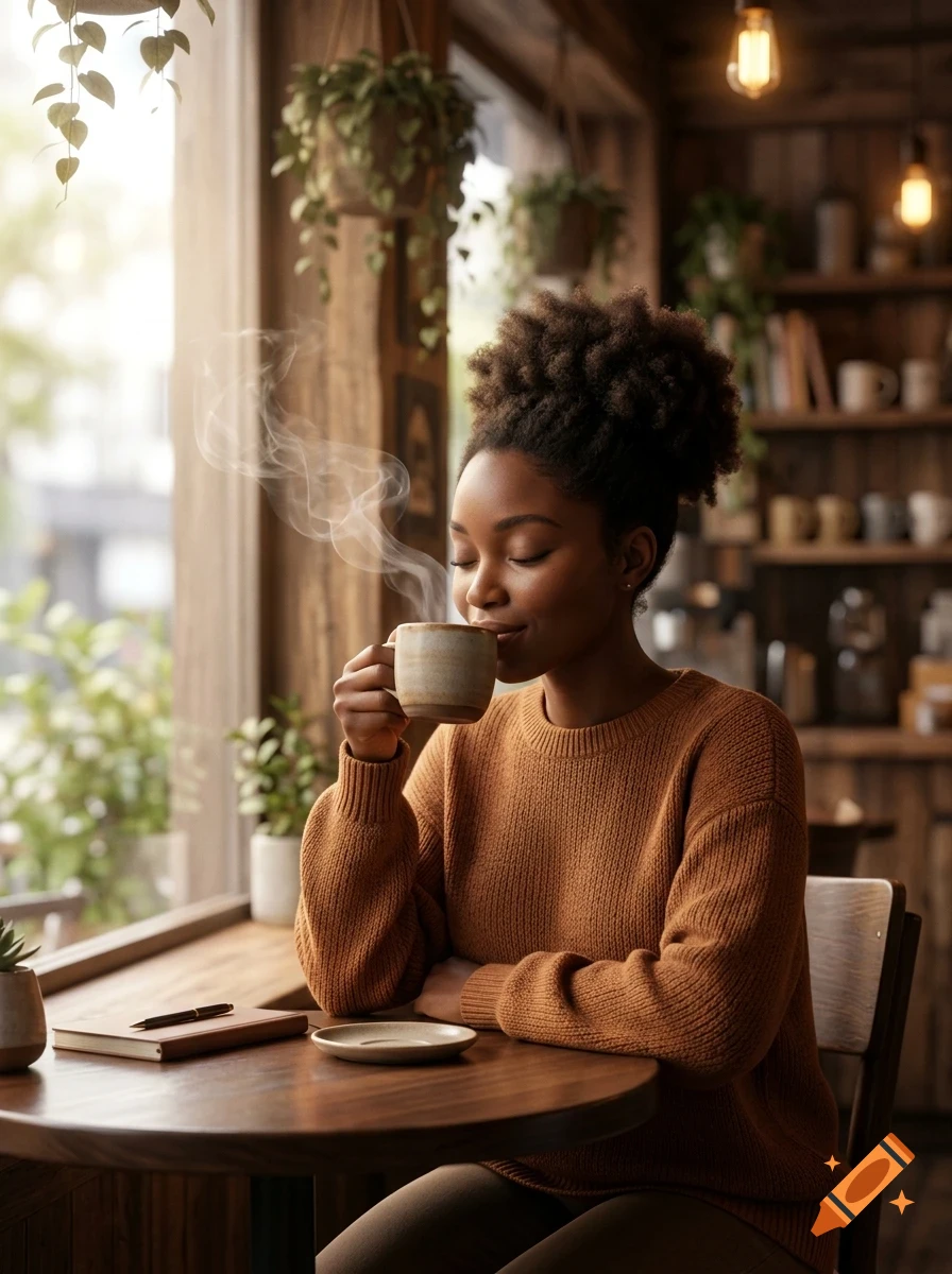 A woman with her eyes closed in an orange sweater enjoying a cup of steaming hot coffee in a cozy cafe.