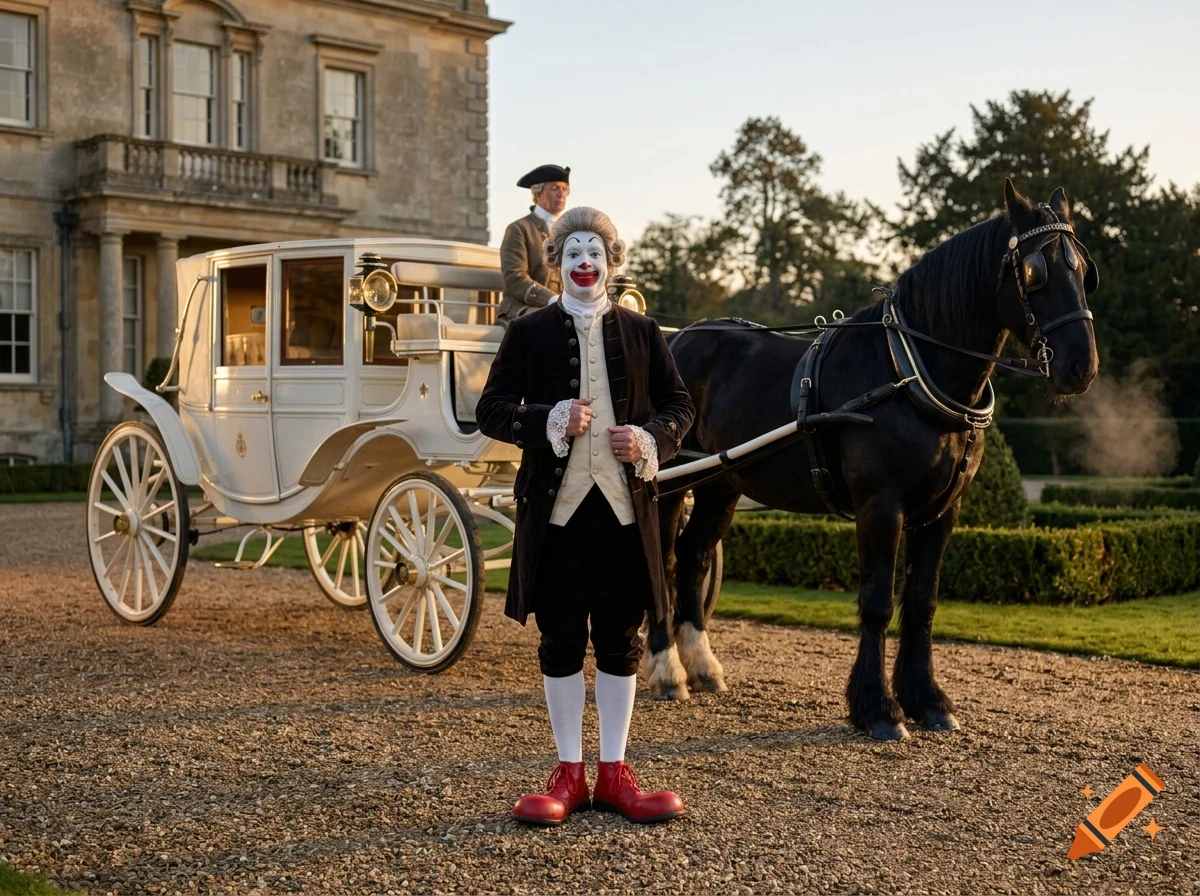 A person dressed in historical attire and clown makeup stands beside a horse-drawn carriage in front of a grand building.