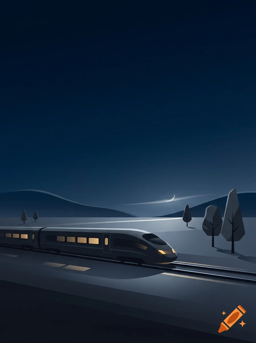 A sleek modern train travels across a quiet landscape under a dark night sky with a crescent moon, passing by sparse trees and distant rolling hills.