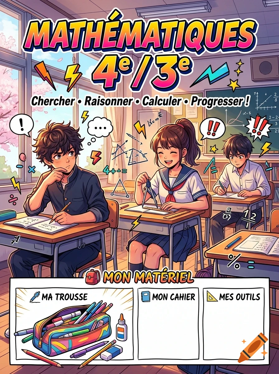 An illustrated cover for a mathematics textbook depicting students in a classroom setting, with French titles and school supplies.