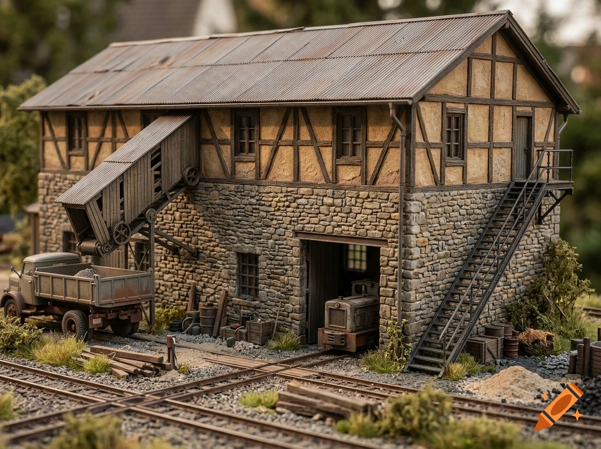 A detailed model of a rustic industrial building with a stone foundation, half-timbered upper floor, and corrugated metal roof, next to railroad tracks and a small truck.