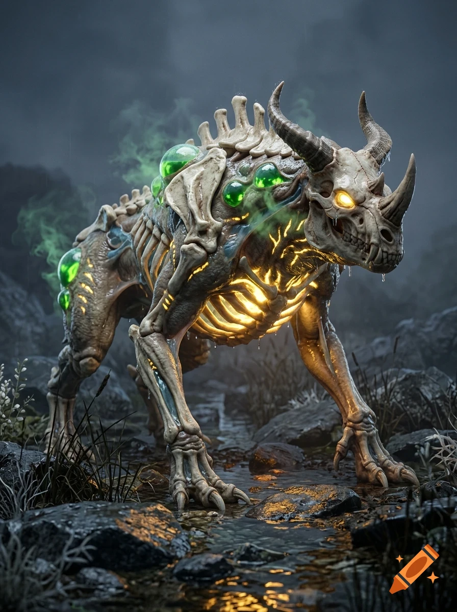 A monstrous horned creature with skeletal armor and glowing green vials standing in a dark, rocky landscape