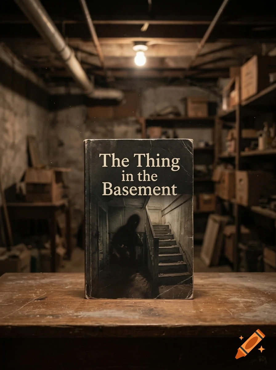 A horror book titled 'The Thing in the Basement' stands upright on a wooden table in a dimly lit, cluttered basement.