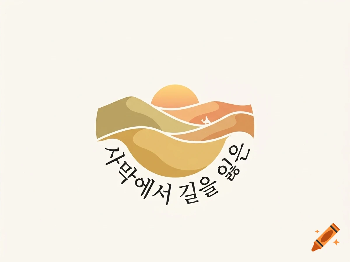 An illustration of a desert landscape at sunset with rolling dunes, a sun, and Korean lettering underneath.