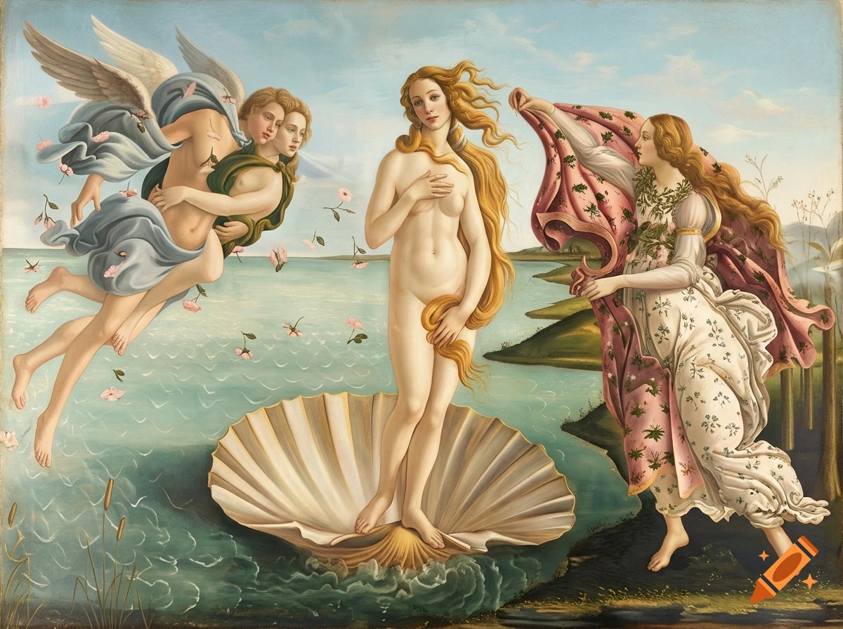 Renaissance-style painting of the birth of Venus, with a woman standing on a seashell, accompanied by winged figures and a woman holding a cloak.