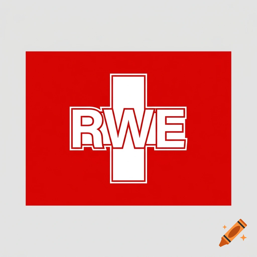 A red rectangular flag featuring a white cross overlaid with the letters RWE.