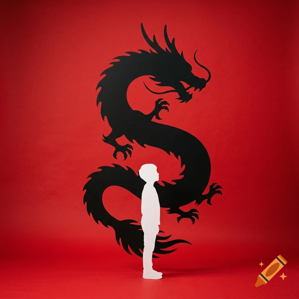 A stylized black paper-cut dragon hovers above a white silhouette of a person against a solid red background.