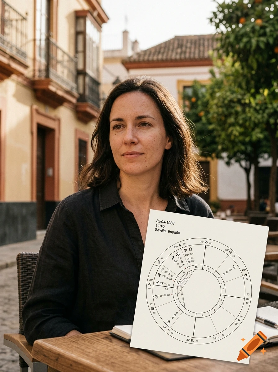 Photorealistic portrait of a woman sitting at an outdoor cafe holding an astrological chart showing birth date 22/04/1988.