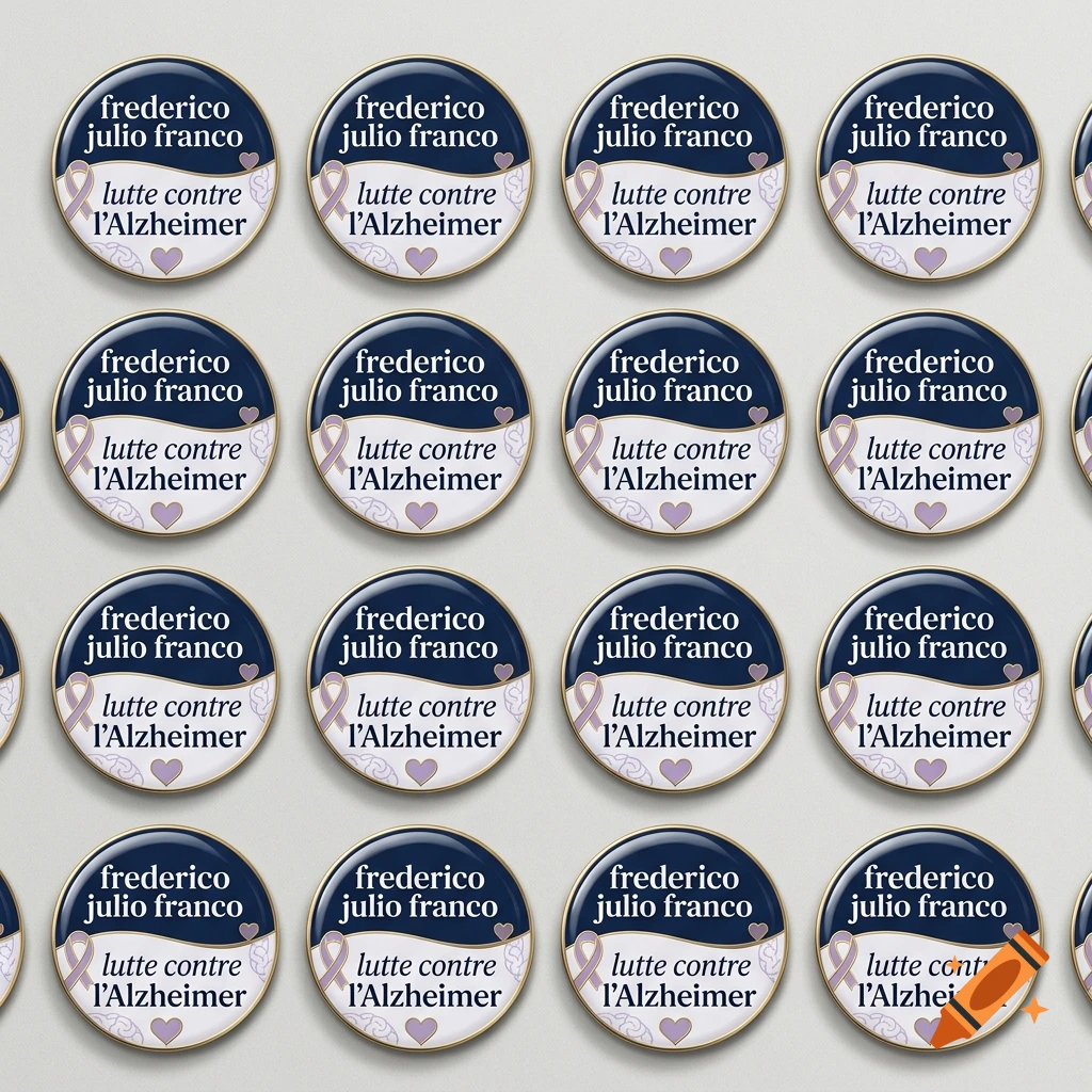 An array of circular badges reading frederico julio franco and lutte contre l Alzheimer with a purple ribbon and heart.