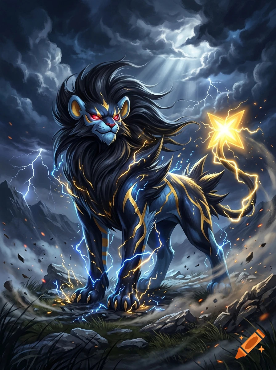 Digital illustration of a large, muscular black lion-like creature with glowing red eyes, yellow electric patterns, and a star-shaped tail under a stormy sky.