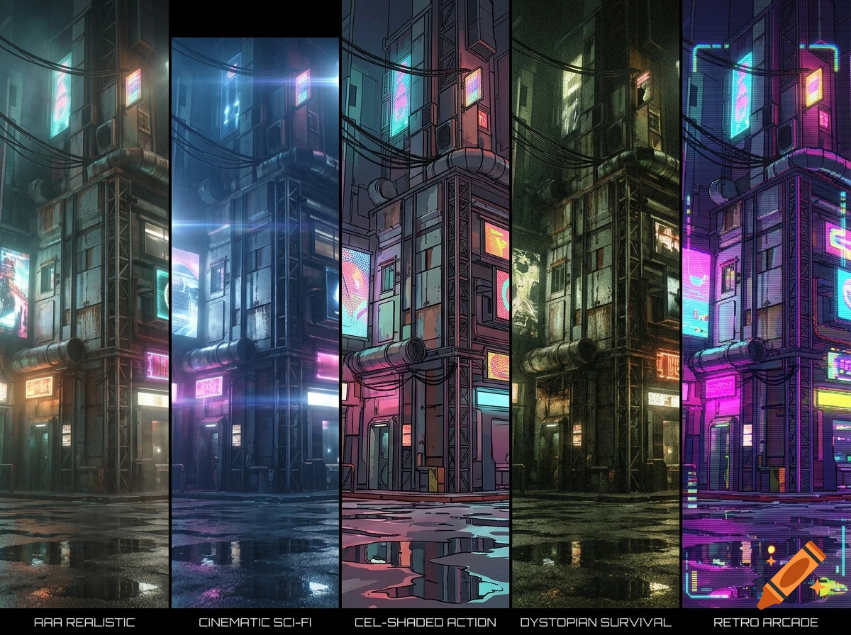 Comparison of a cyberpunk street corner rendered in five different gaming graphics styles, from realistic to retro arcade.