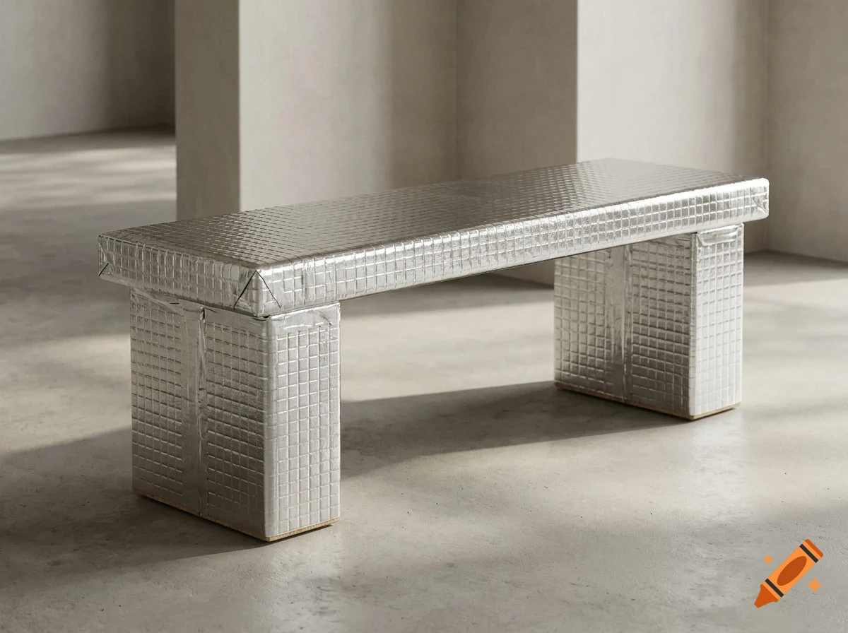 A metallic-wrapped bench sits in a minimalist room with concrete floor and walls.