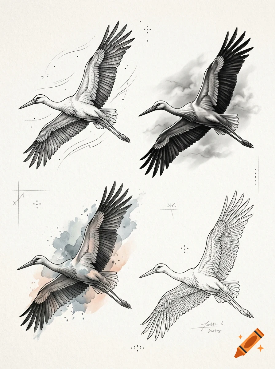Four distinct illustrations of storks in flight, rendered in monochrome pencil and watercolor styles.