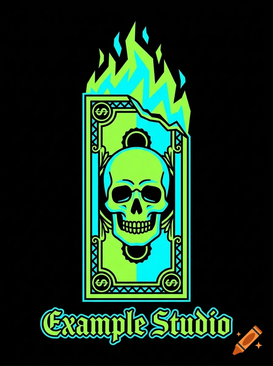 A glowing green and blue graphic of a burning dollar bill with a skull in the center and the text 'Example Studio' below against a black background.