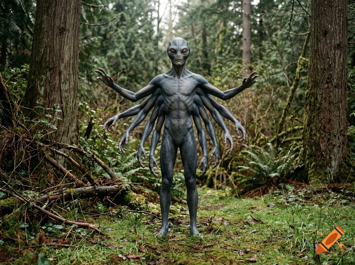 A multi-armed grey alien creature stands in a lush forest with tall trees and mossy ground.