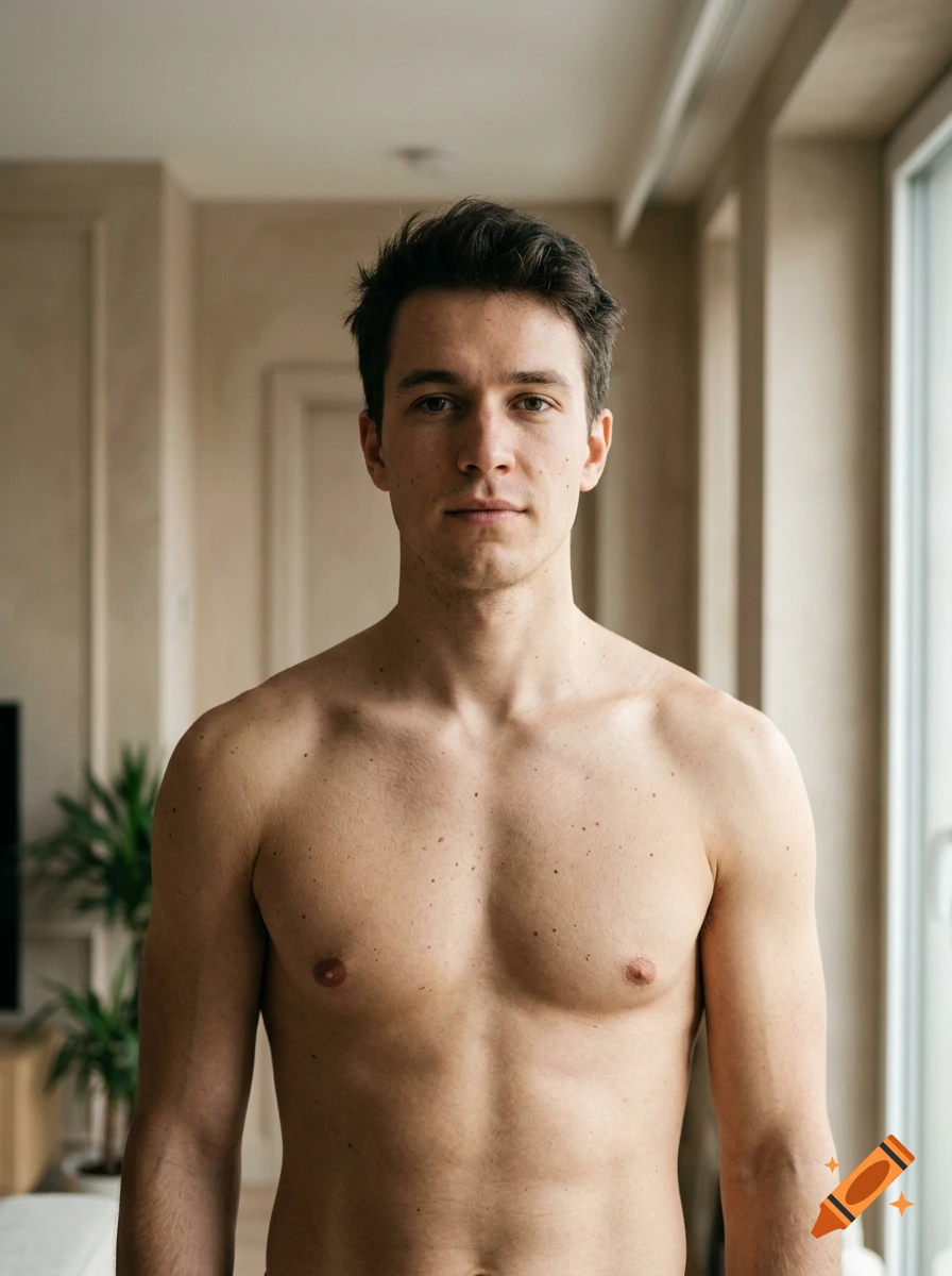 Photorealistic medium shot of a young man with a bare torso, standing indoors.