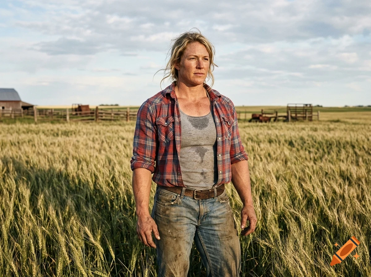 A woman wearing a plaid shirt and jeans standing in a field.