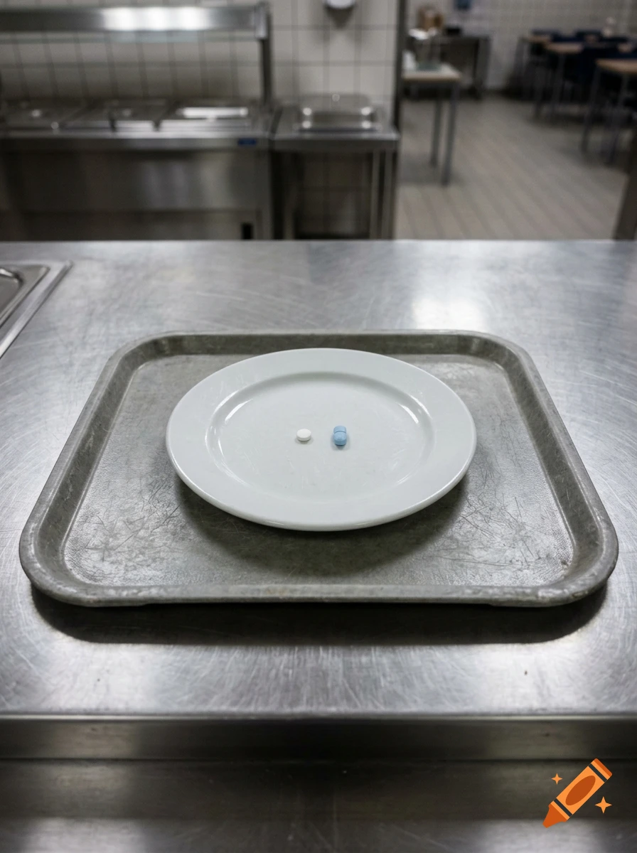 Photorealistic shot of a white plate with two pills on a metal tray in a cafeteria setting.
