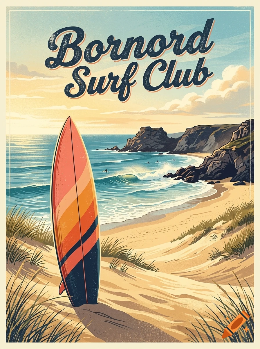 Vintage travel poster illustration of a surf club beach scene with a colorful surfboard in the foreground and ocean waves in the background.