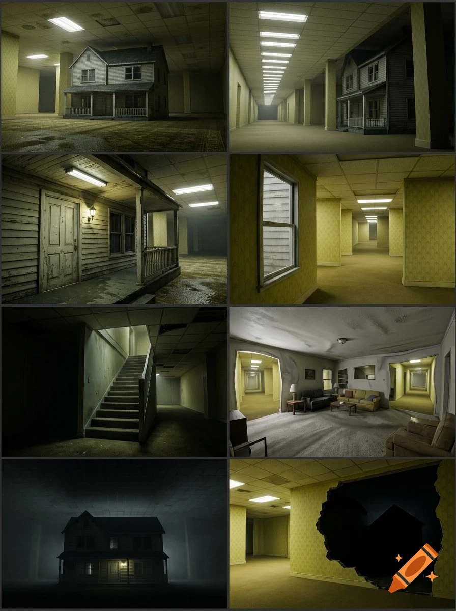A multi-panel image depicting eerie liminal spaces resembling the Backrooms, featuring a solitary two-story house inside an endless, fluorescent-lit office-like environment with yellowish walls and carpeting.