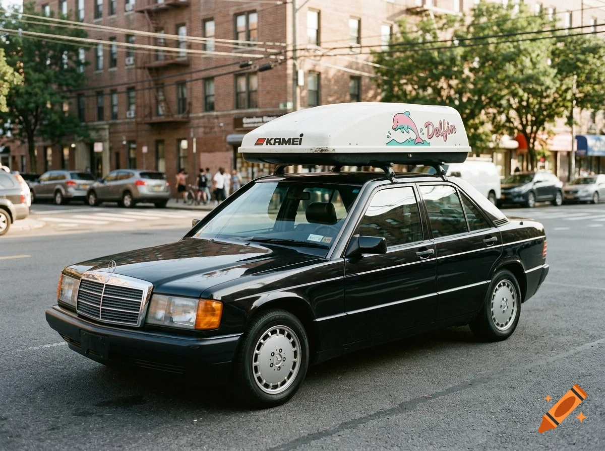 A black sedan parked on a city street with a white roof cargo box carrying a dolphin decal.