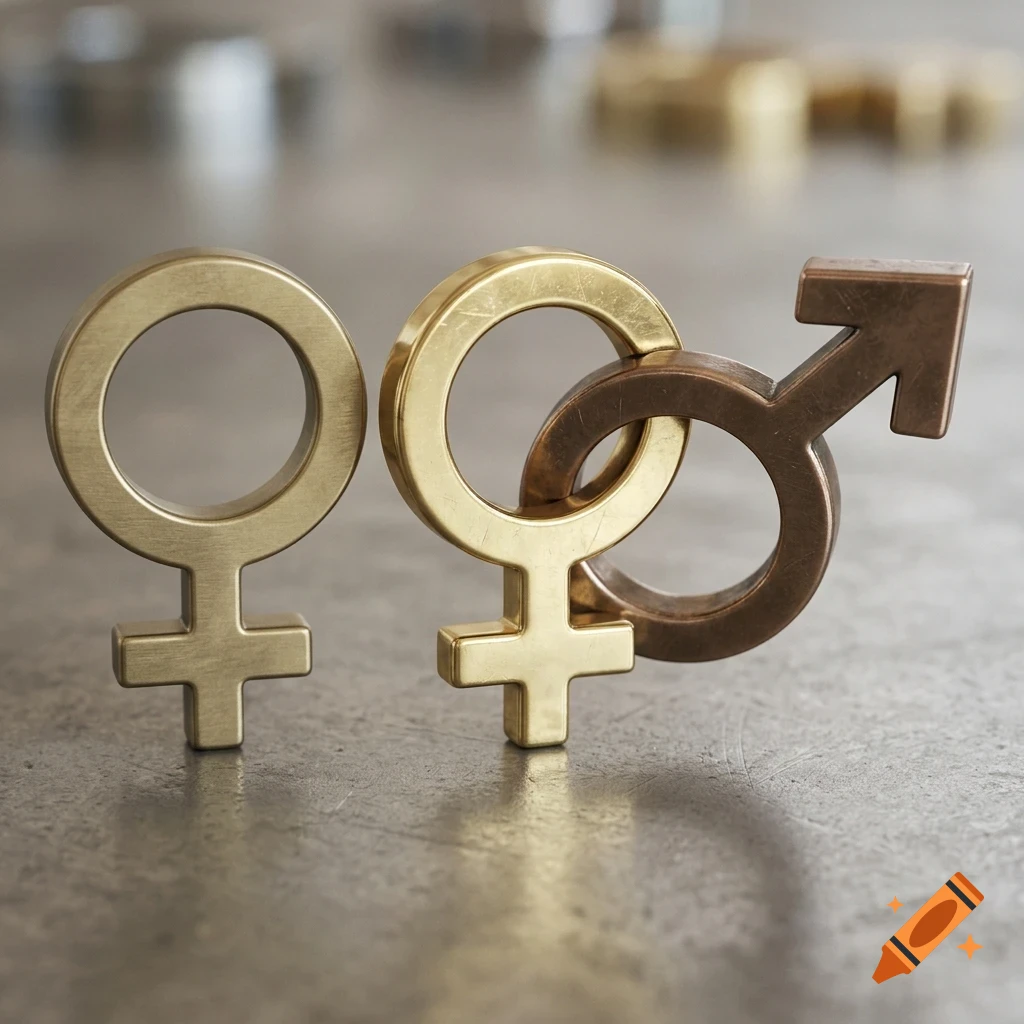 Three metallic gender symbols stand upright on a reflective surface, including two gold female symbols and one intertwined bronze male symbol.