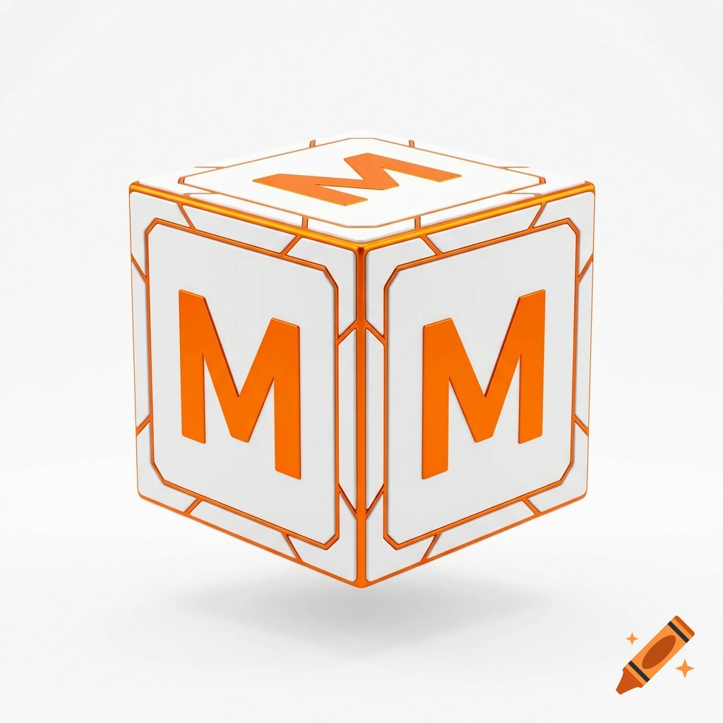 A 3D cube with white sides, orange lines, and the letter 'M' on each visible side against a white background.