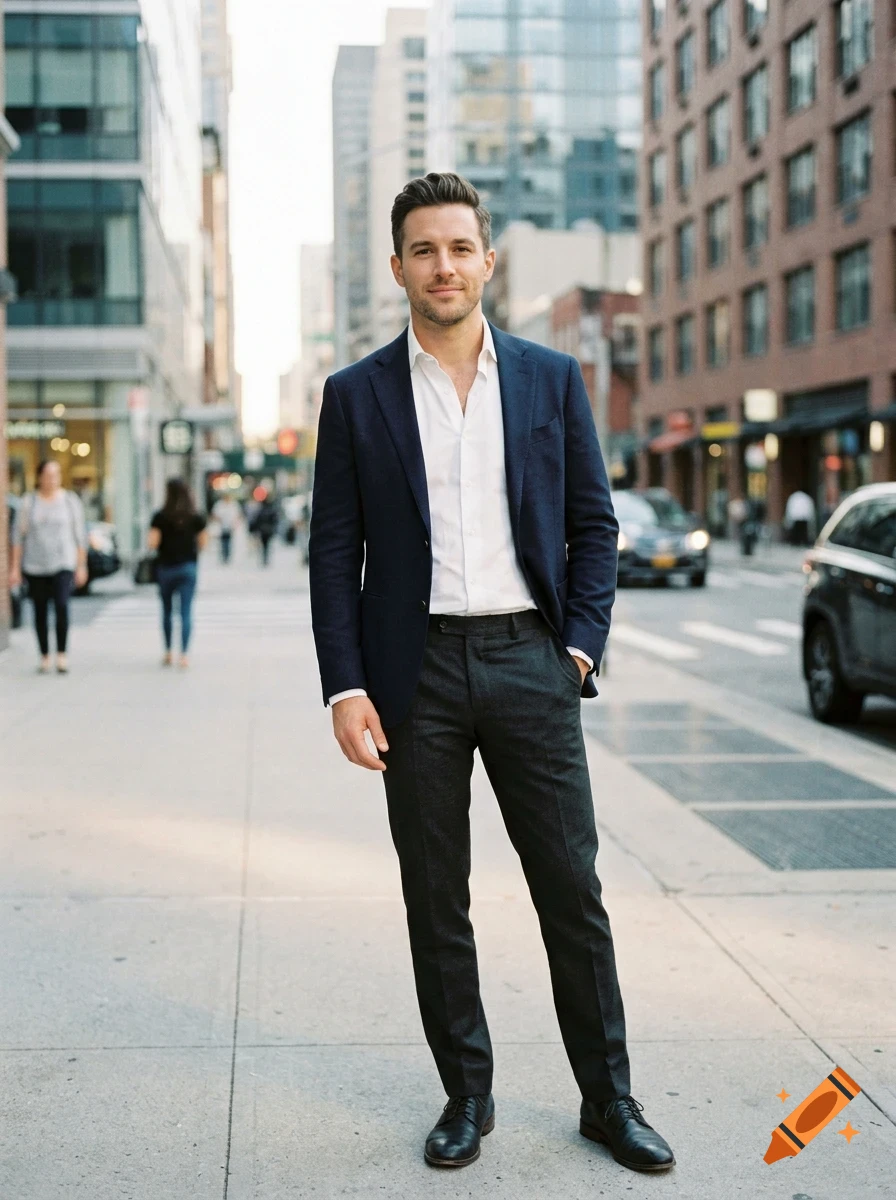 A man wearing a blue blazer, white shirt, and dark trousers stands on a city street.