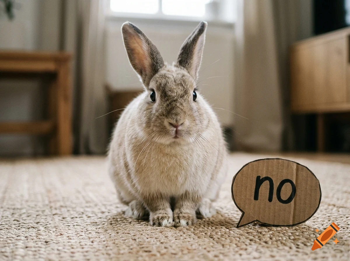 A fluffy brown rabbit sits on a carpet next to a small cardboard speech bubble cutout with the word no written on it.