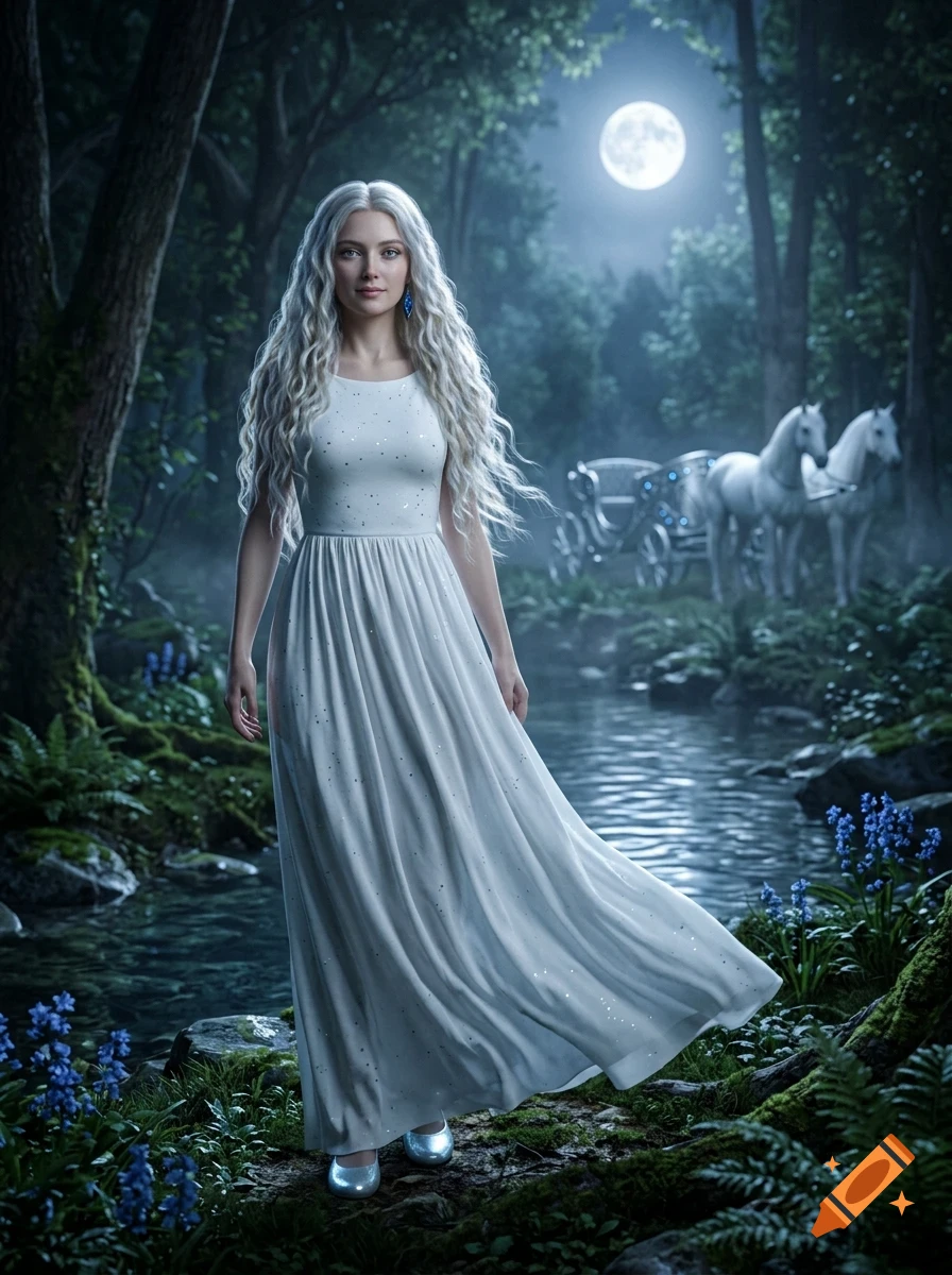 A woman with long white hair in a white dress stands in a forest at night, with a full moon, a stream, and a horse-drawn carriage in the background.