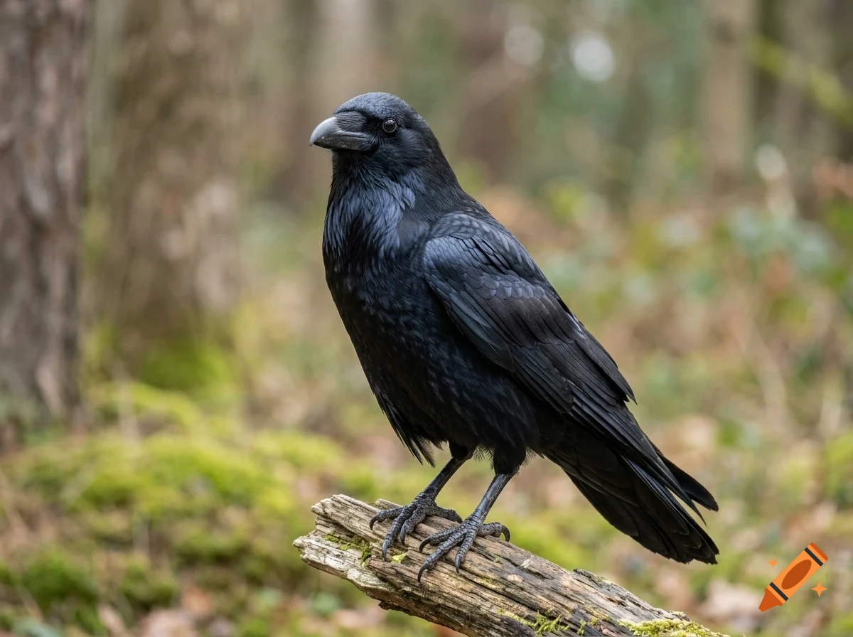 A close-up photograph of a black raven perched on a mossy branch in a forest.