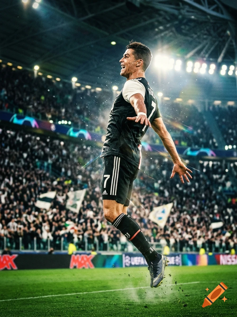 A male soccer player in a Juventus kit celebrating a goal mid-air in a packed stadium.