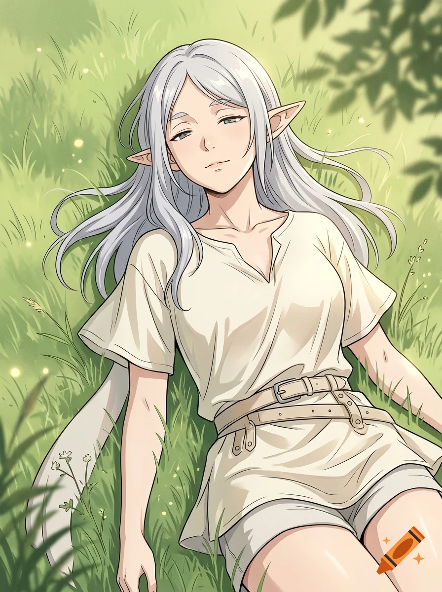 An anime-style illustration of an elf-like character with long white hair resting peacefully on a grassy meadow.