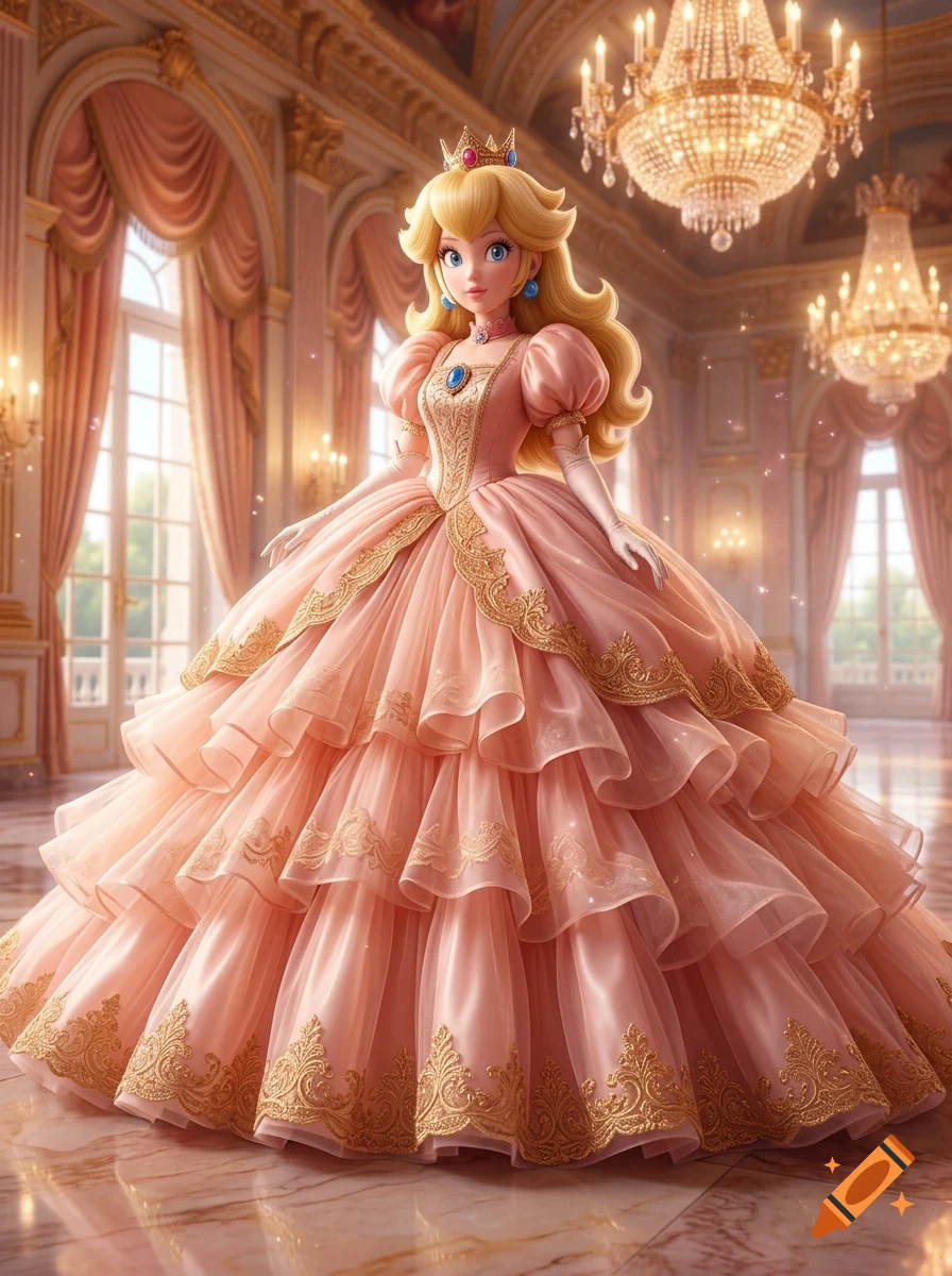 A full-length portrait of a princess wearing a voluminous tiered pink gown with gold trim, standing in an ornate palace interior with crystal chandeliers.