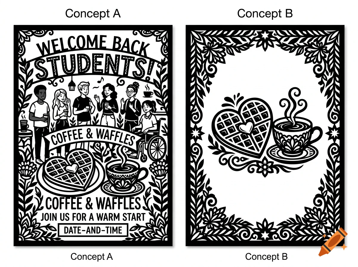 Black and white silhouette style poster featuring two concepts: one with students, coffee, and waffles, and another with just a coffee cup and heart waffle.