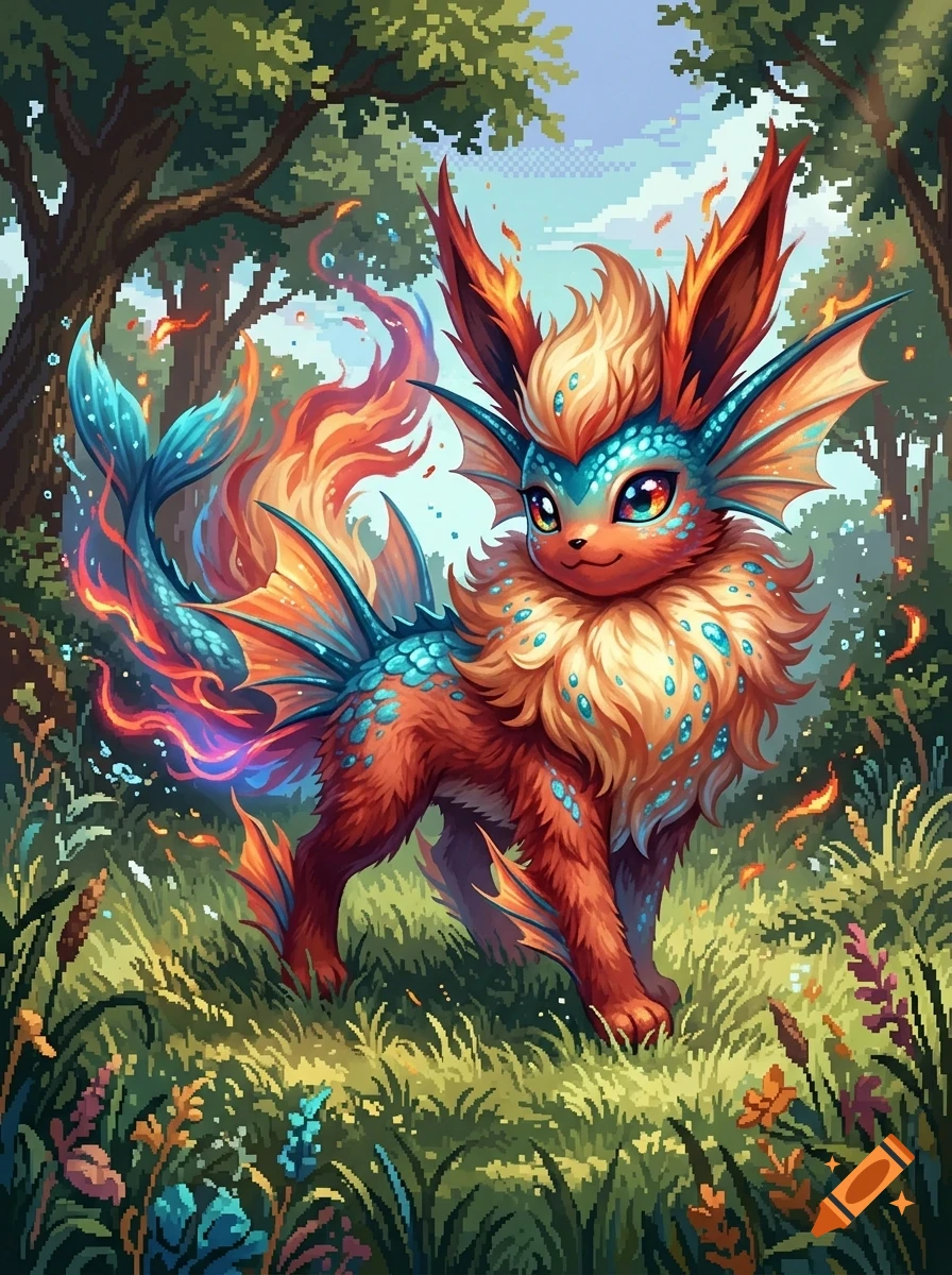Pixel art of a fantasy creature combining features of a fox and fish, standing in a forest clearing.