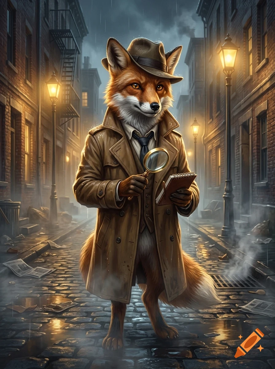 An anthropomorphic fox detective in a trench coat and fedora holding a magnifying glass and a notepad, standing on a rainy city street at night.