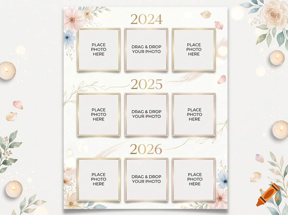 A multi-year photo collage template featuring years 2024, 2025, and 2026, decorated with watercolor floral elements, gold frames, and placeholder text.