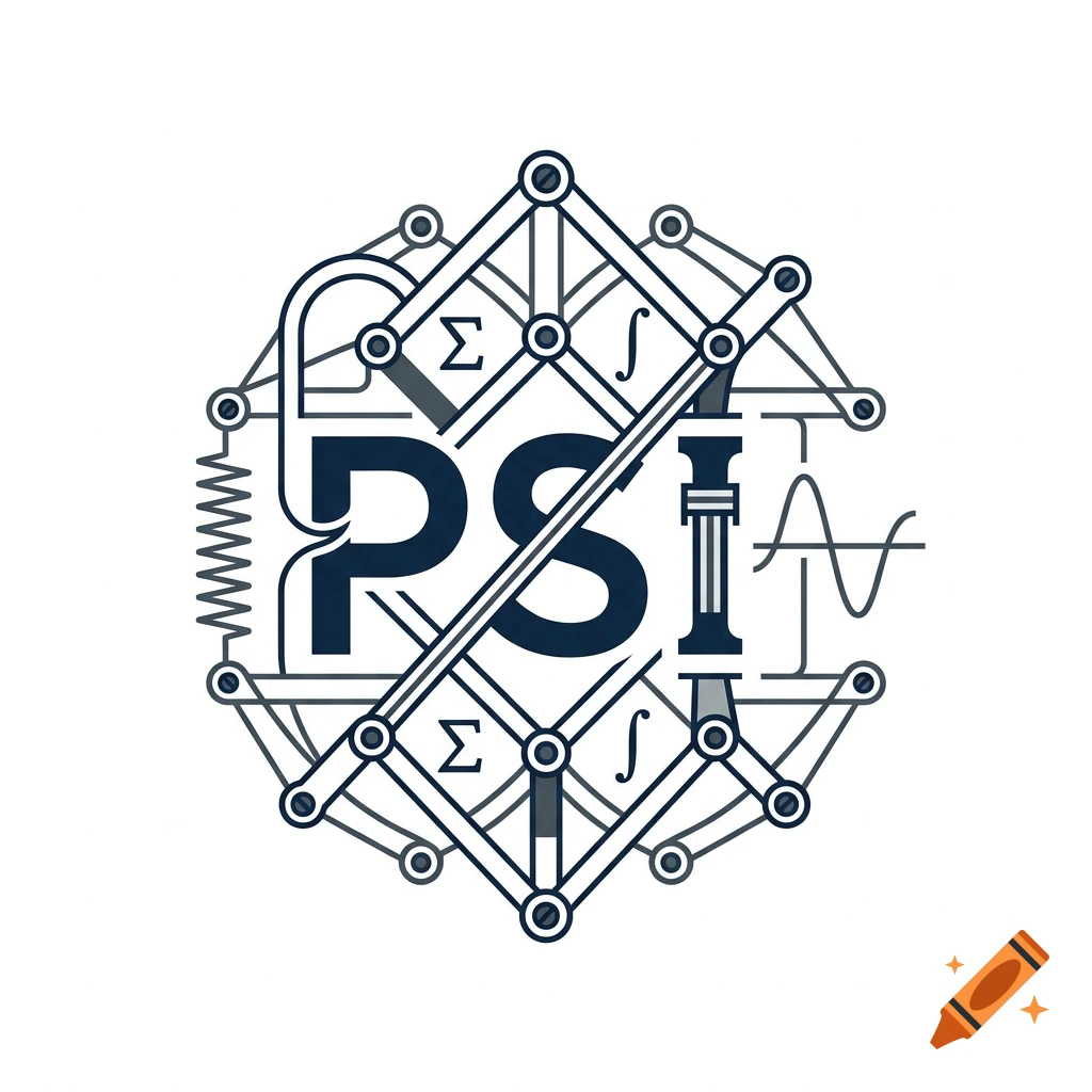 Minimalist black and white vector logo featuring the word PSI integrated with mechanical linkages, math symbols, and physics wave icons.